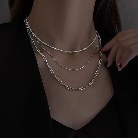 Brand New 925 Sterling Silver Layered Necklace Sparking 3pc Set Minimalist Chain - Picture 9 of 9
